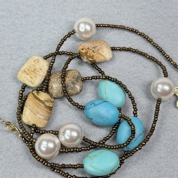 Lia Sophia Necklace Capri Jasper Turquoise Faux Pearl Bronze Seed Beads Beachy - Picture 7 of 7